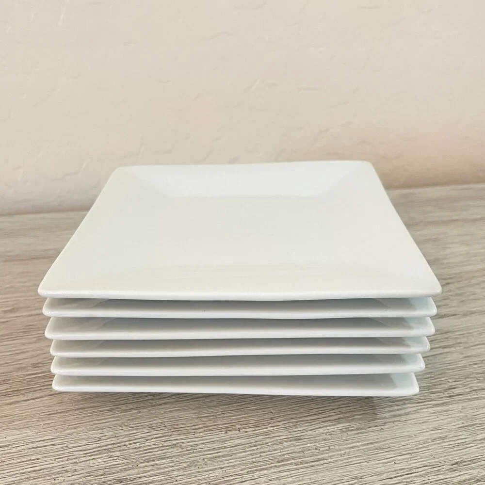 Crate & Barrel Set of 6 Appetizer Plates White Square Porcelain Ceramic Snacks